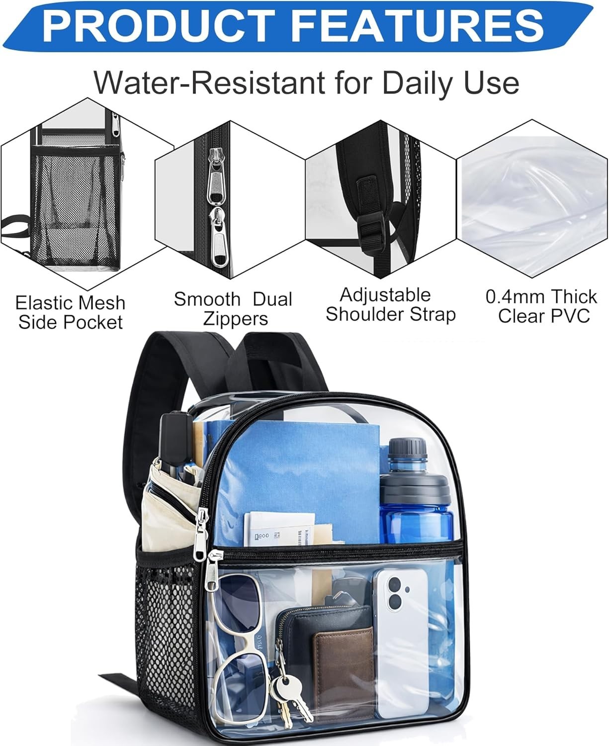 Versatile Black Clear Backpack for Concerts and Festivals – Stadium Approved