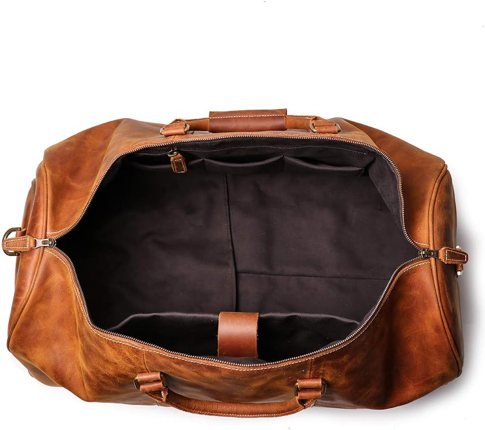 24″ Leather Weekender Bag with Shoe Compartment,Classic Mens Leather Travel Duff