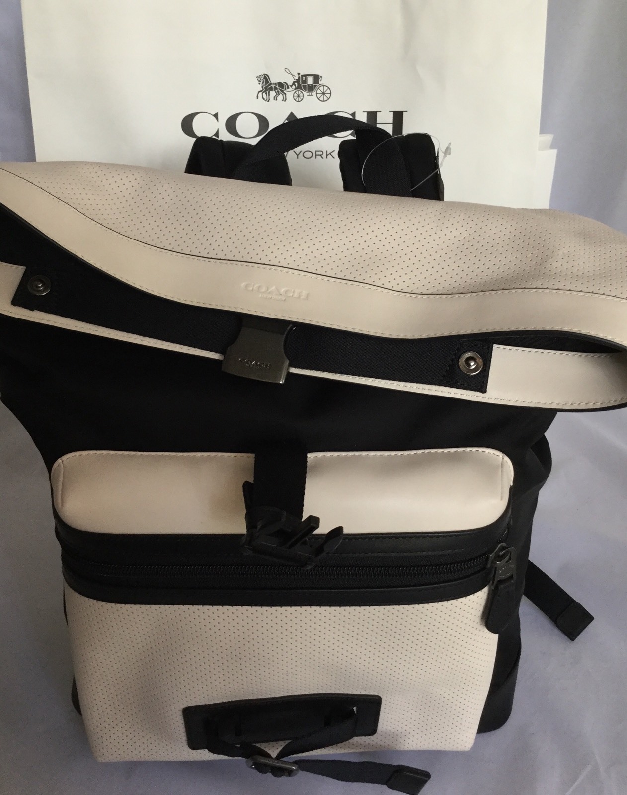 COACH F56662 Explorer Back Pack Perforated Mixed Materials Chalk/Black NWT