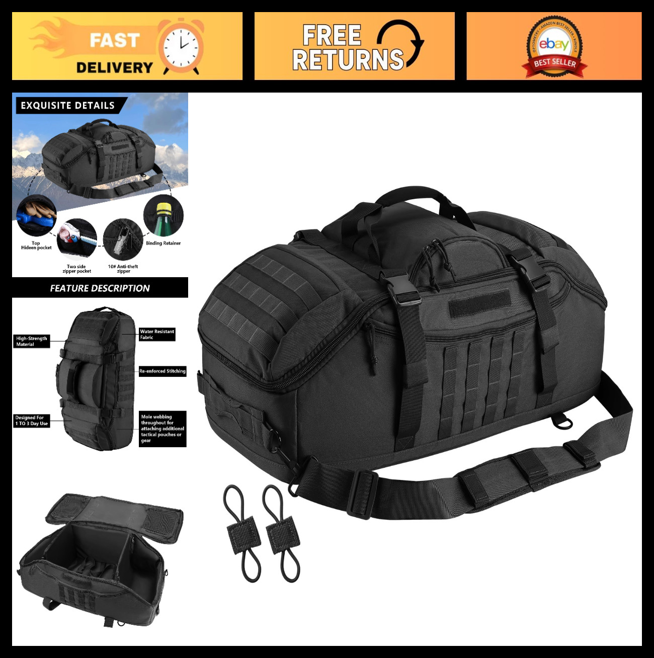 Large 55L Tactical Duffle Bag – 3-in-1 MOLLE Backpack for Gym, Sports, Outdoor