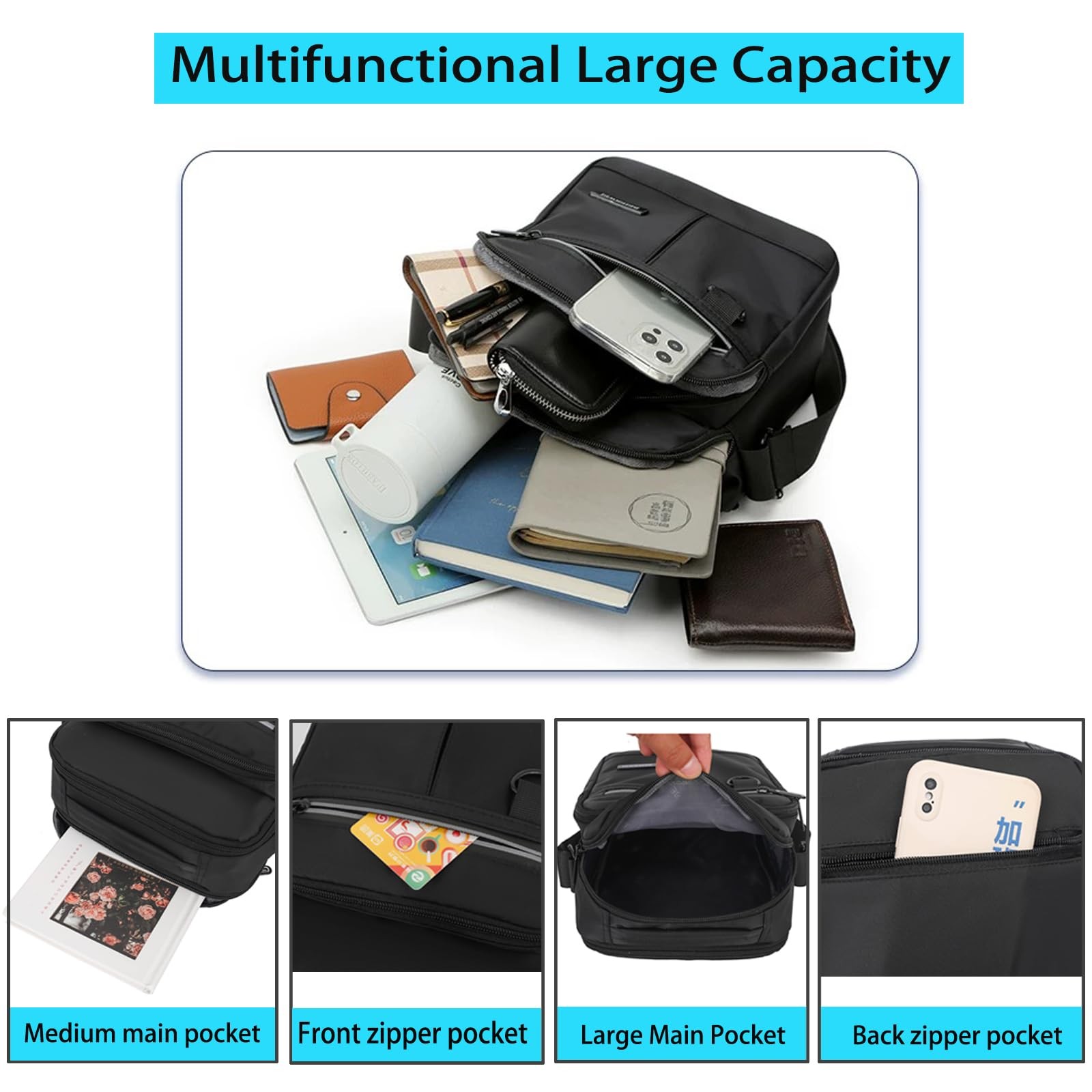 Small Waterproof Messenger Crossbody Shoulder Bag for Men Black
