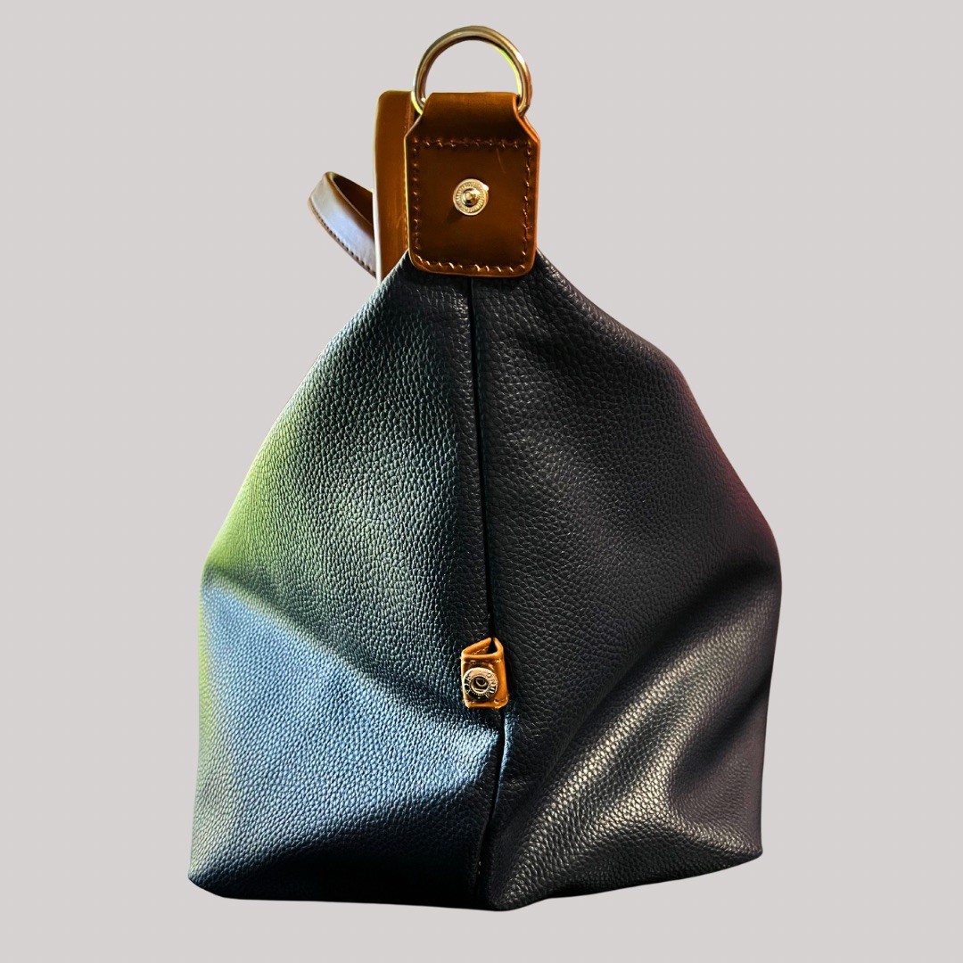 Brouk & Co Alpha Duffle Weekender Bag Vegan Pebbled Leather Navy Blue Brown Trim