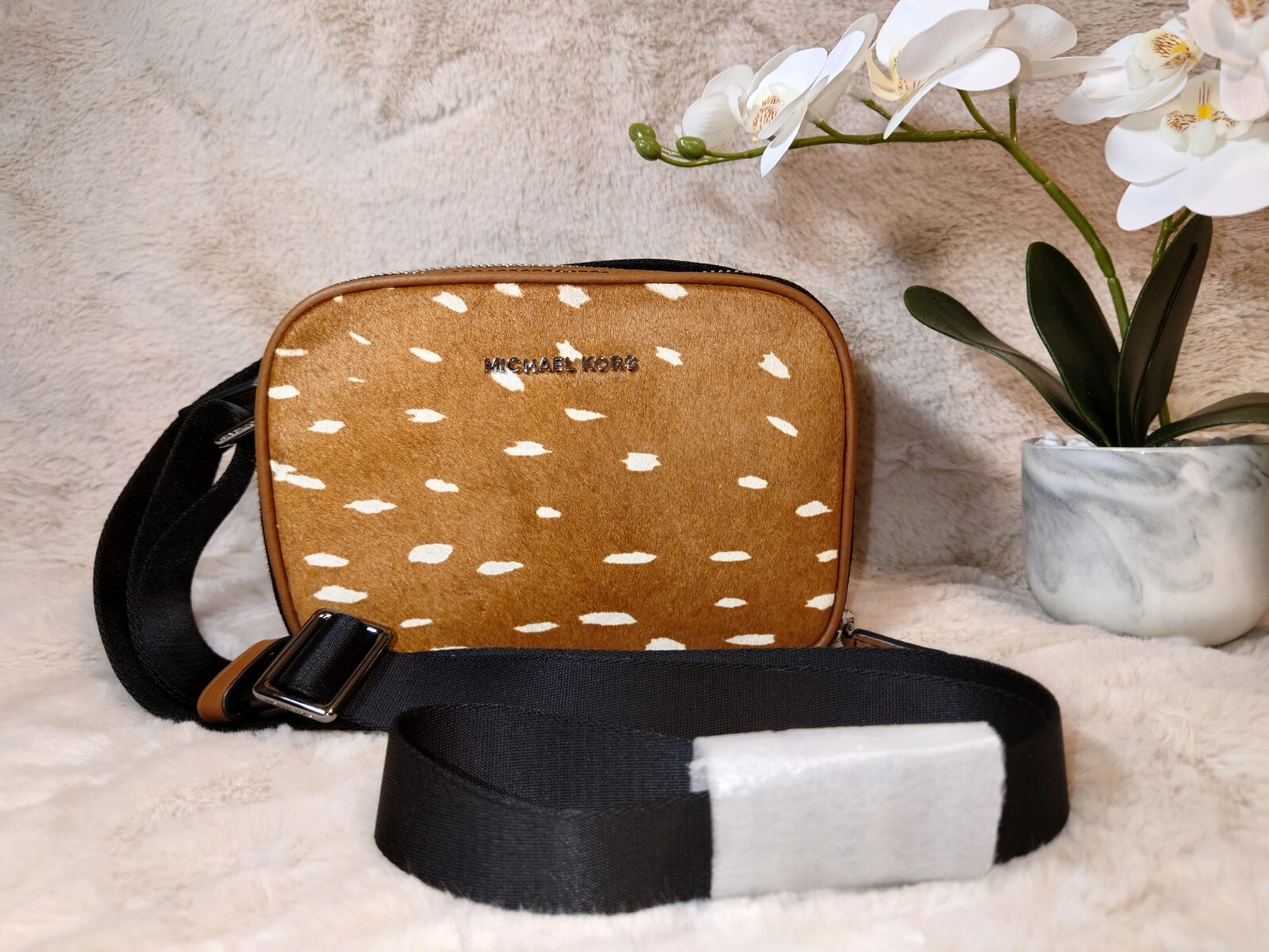 Michael Kors Cooper Micro Crossbody Bag Mini MK logo PVC Black & Brown Nwts