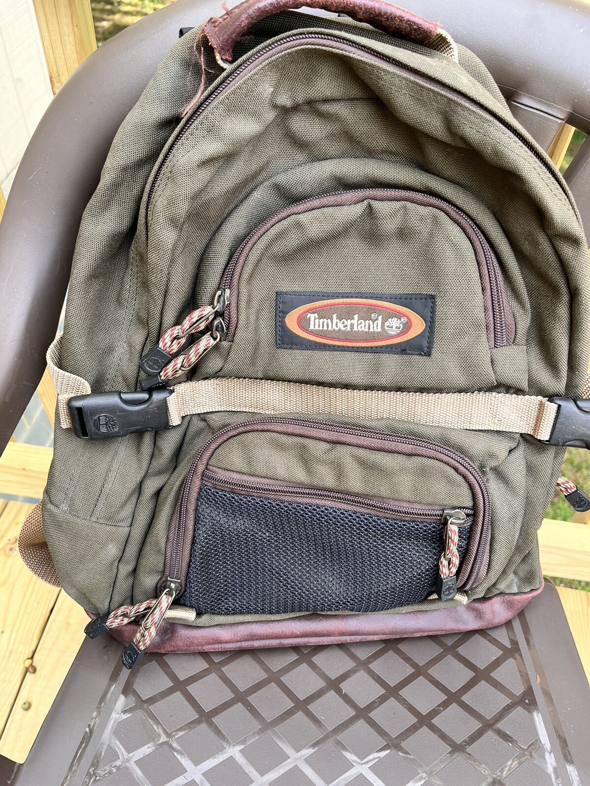 VTG Timberland Canvas Backpack School Black Olive Green/Brown Leather In Bottom