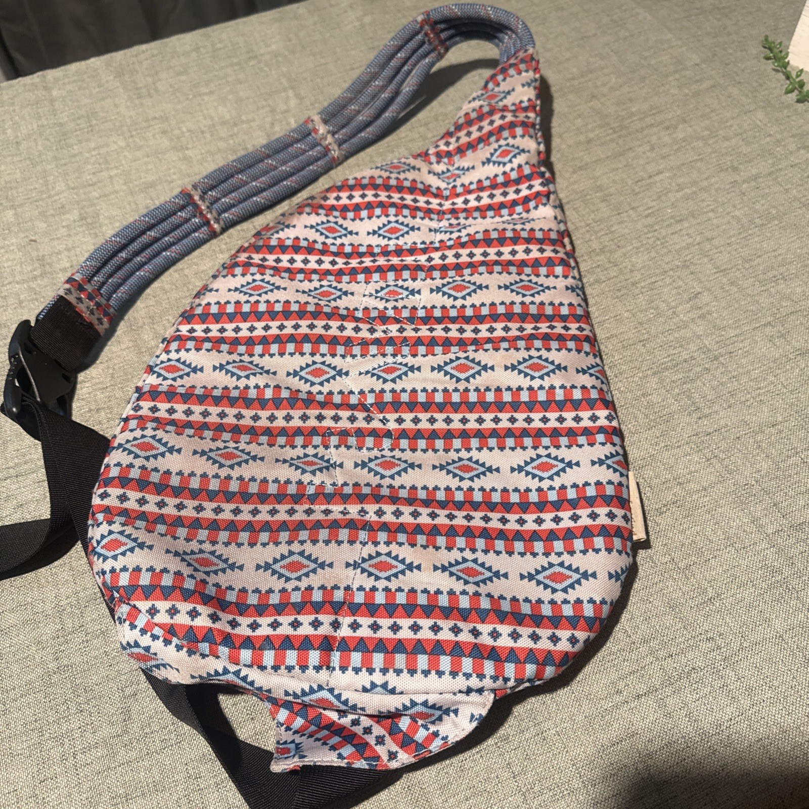 KAVU Sling Backpack Tribal Print Cotton Rope Strap Blue Red White