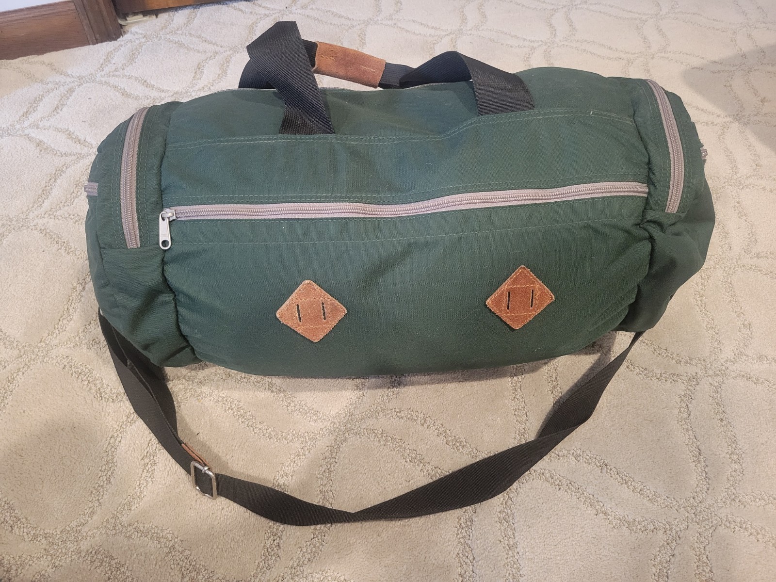 Vintage J. Crew Nylon/Leather Handle Duffle Bag Travel Brown Green Bryson Line