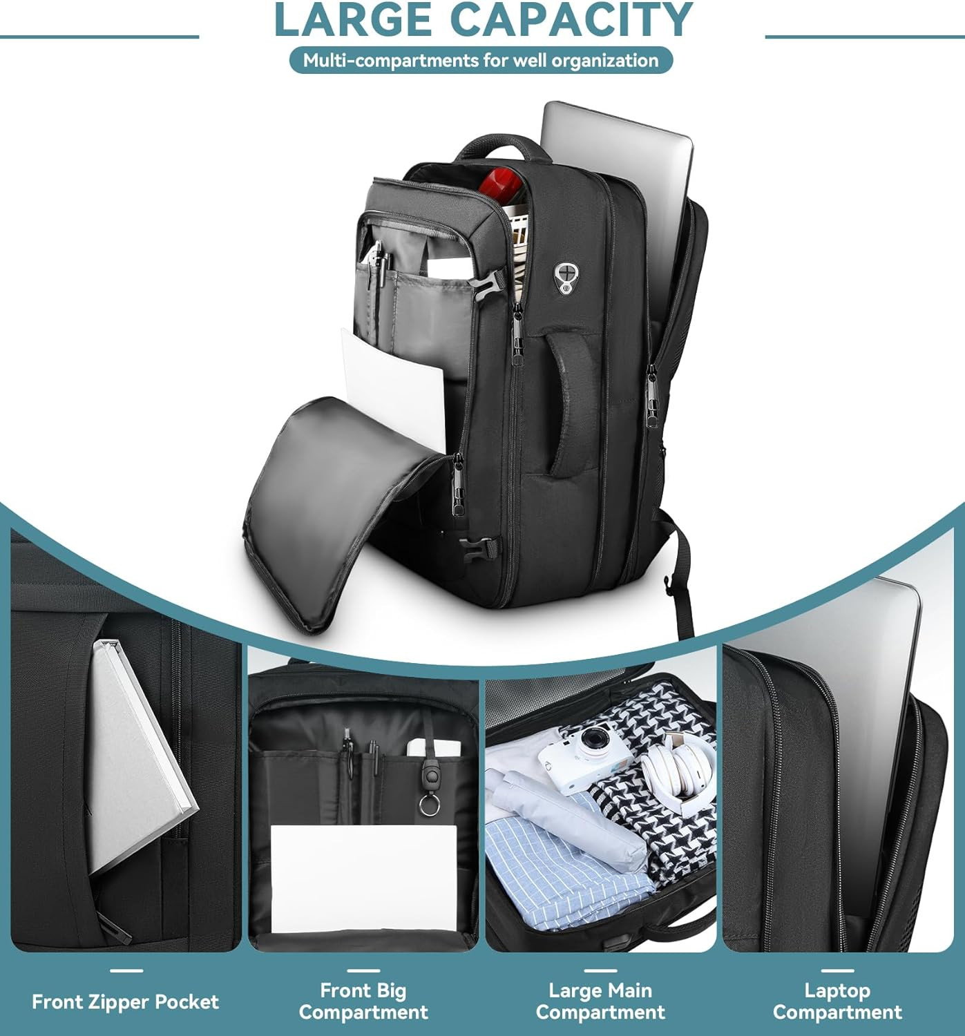 50L Expandable Travel Backpack, Fits 17″ Laptop, Water-Resistant, Black