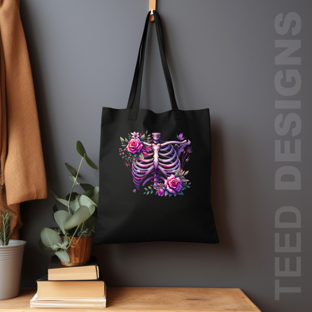 Ribcage Skeleton with Roses Graphic .. 15″ × 16.5″ .. Cotton Tote Bag