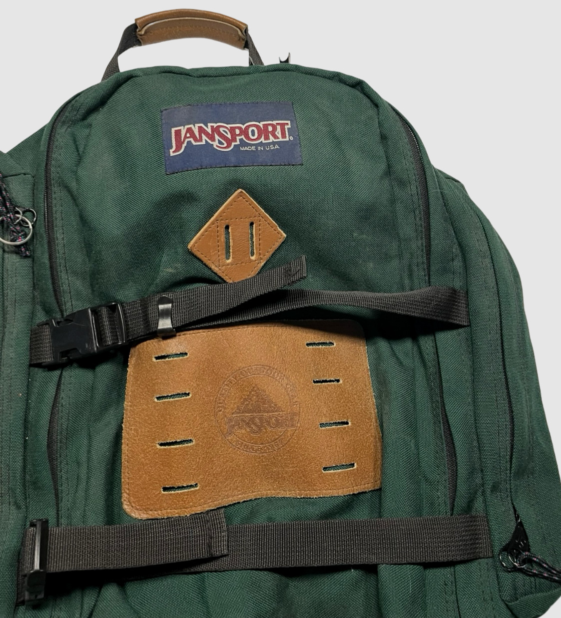 Vtg 90s JANSPORT x USA-MADE Green LEATHER-PATCH BACKPACK Outdoor Hike Gear Bag
