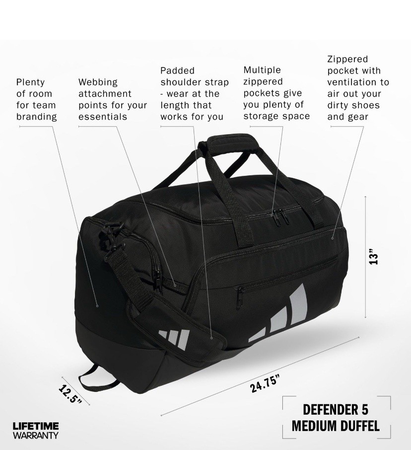 ADIDAS DEFENDER 5 MEDIUM BLACK DUFFEL BAG NEW