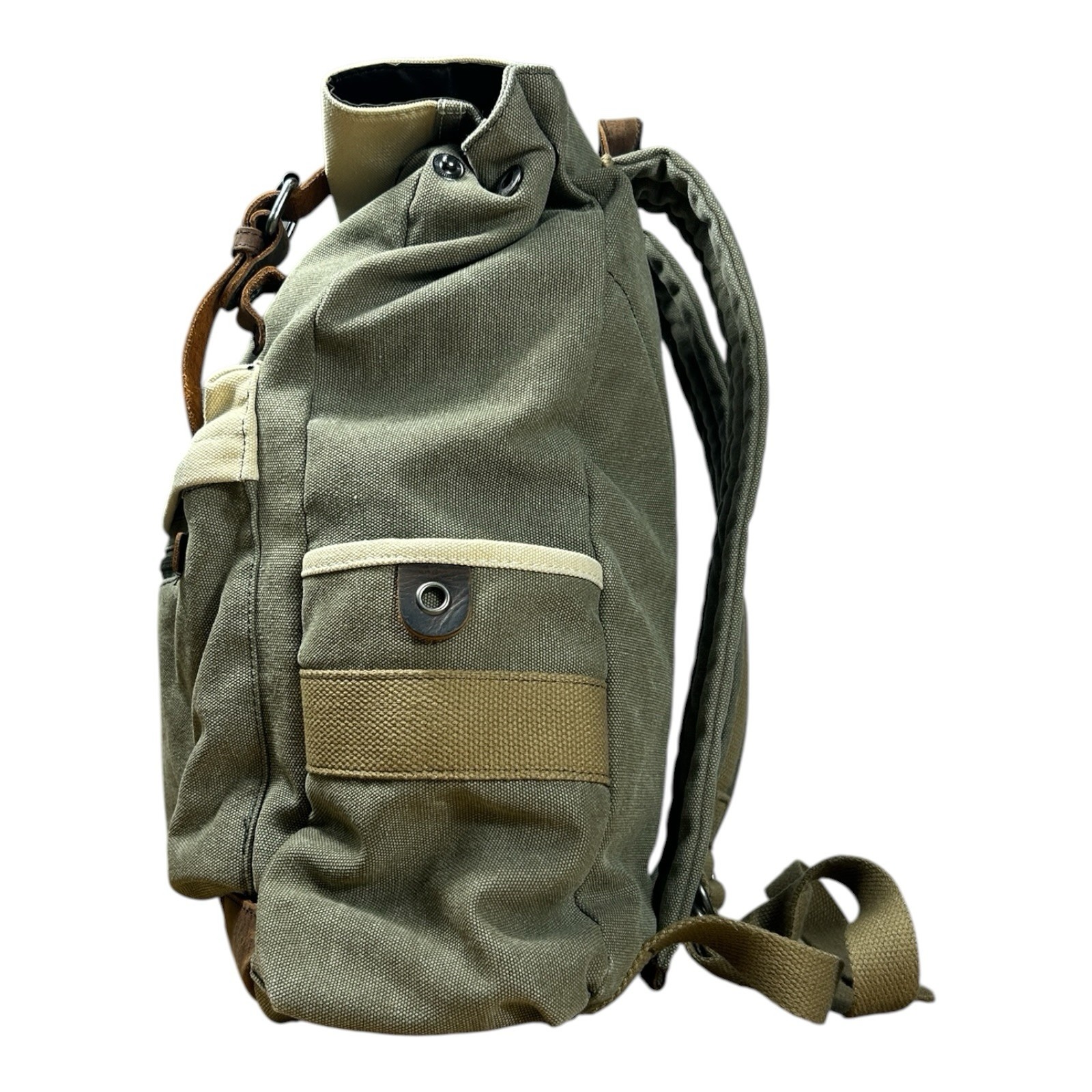 Suvom Canvas Leather Trim Rolltop Backpack Olive Khaki Two-Tone EUC