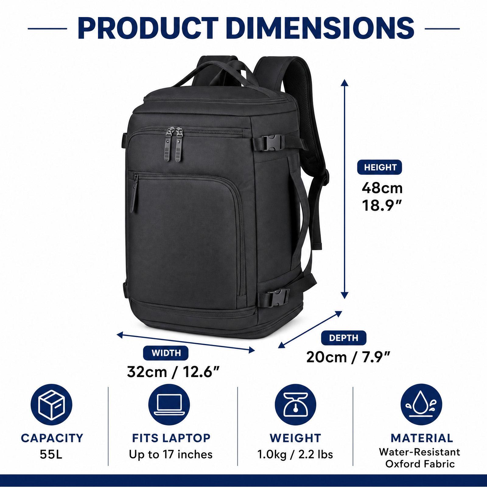Large 55L Laptop Backpack 17in Travel Flight Approved Gym Duffel Weekender Bag