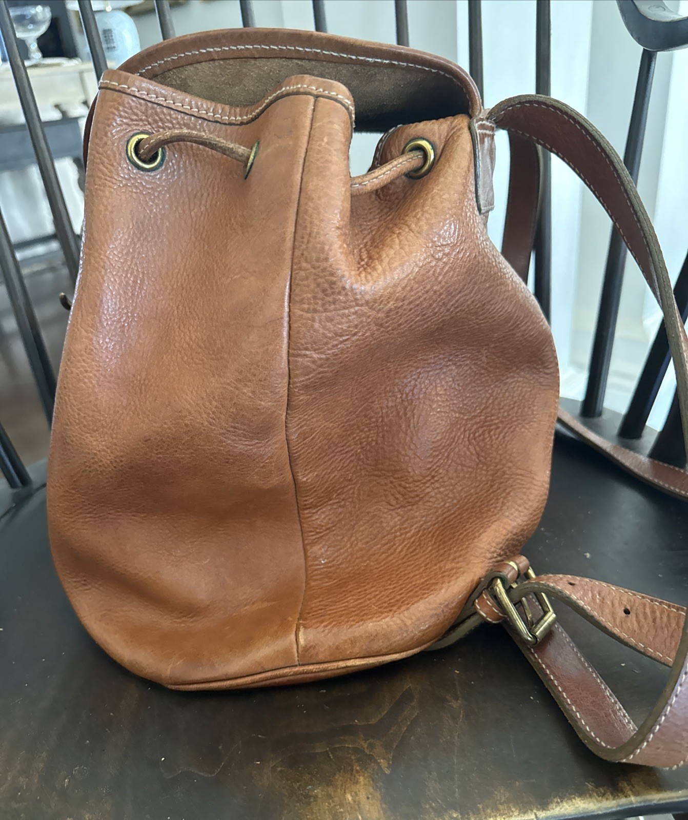 Vintage Ralph Lauren Leather Backpack Drawstring Brown 90s Unusual Hook Closure