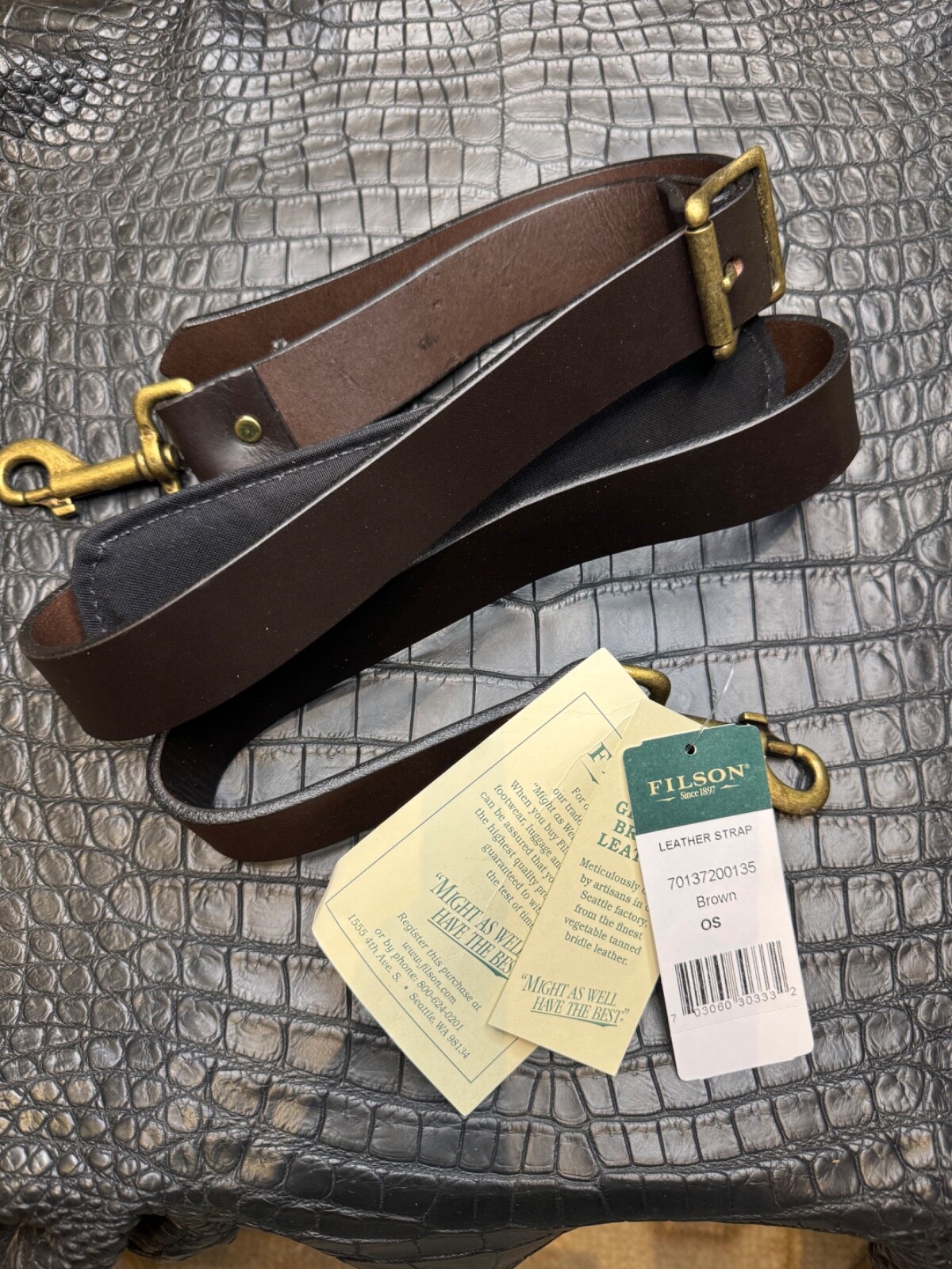 Filson Leather Shoulder Strap MADE IN USA Brown Bridle Brass Adjustable Vintage