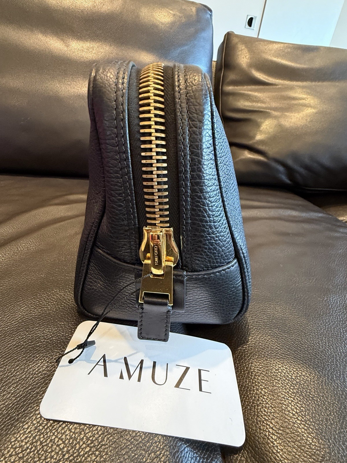 Tom Ford Olive Black Pebble Grained Leather Single Zip Toiletry Bag NWT $0 Ship