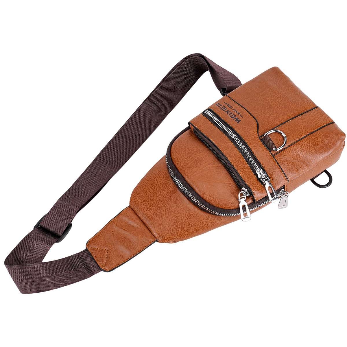 Men Sling Bag Soft PU Leather Chest Crossbody Travel Shoulder Bag Waterproof
