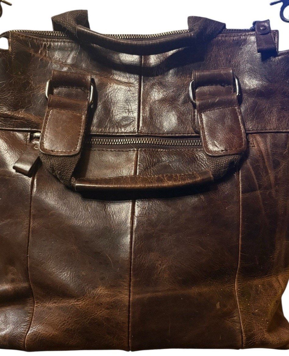 Vtg Genuine Leather Brown Satchel Briefcase Messenger Bag Distressed 13” X 12.5”