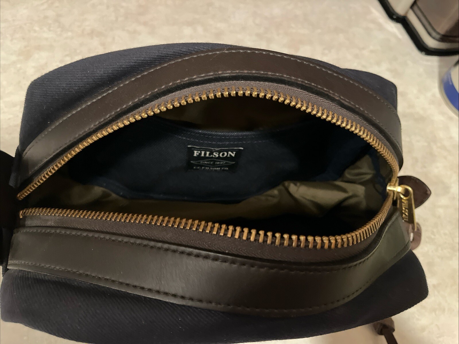 🔥 USA NEW FILSON Rugged Twill Leather Travel Kit Dopp Bag Navy Blue MiUSA NWOT