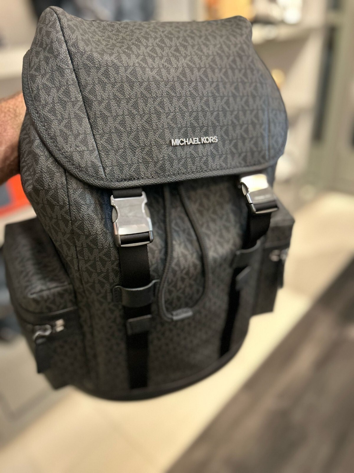 Michael Kors Cooper Men Logo Pocket Shoulder Backpack Travel Bag Black