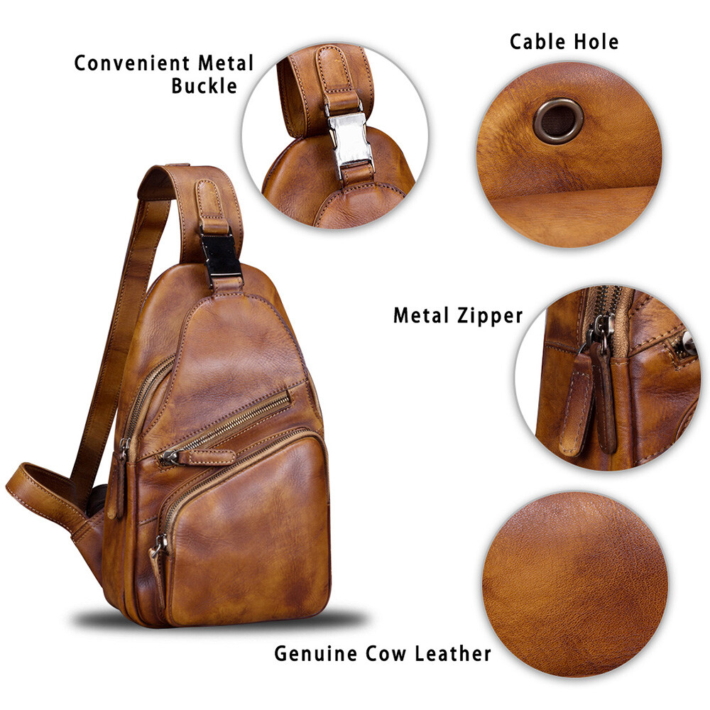Genuine Leather Sling Bag Men Wome Retro Leather Crossbody Bag Chest Sling Purse