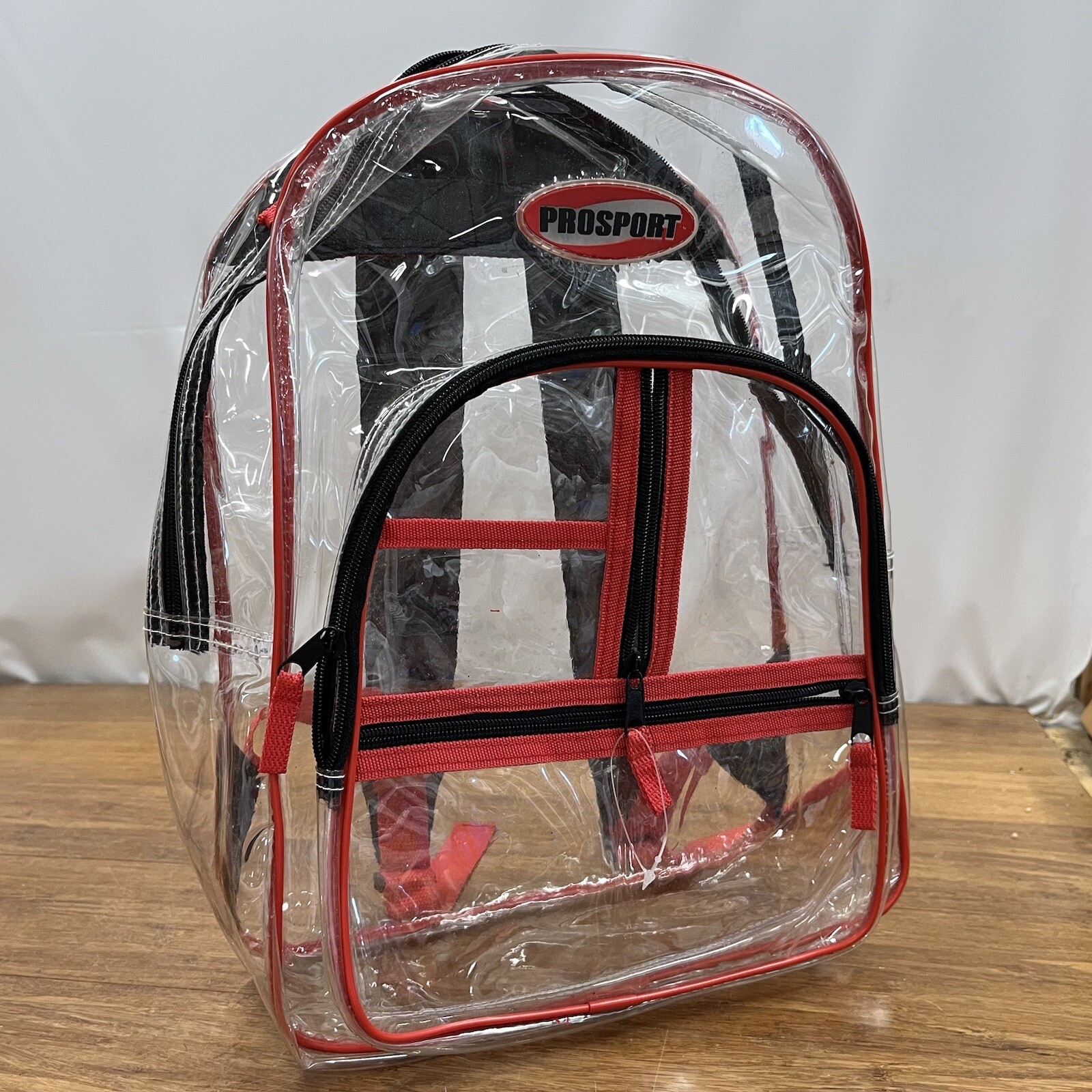New Prosport Clear Backpack Transparent Waterproof Red Black Strip Zipper