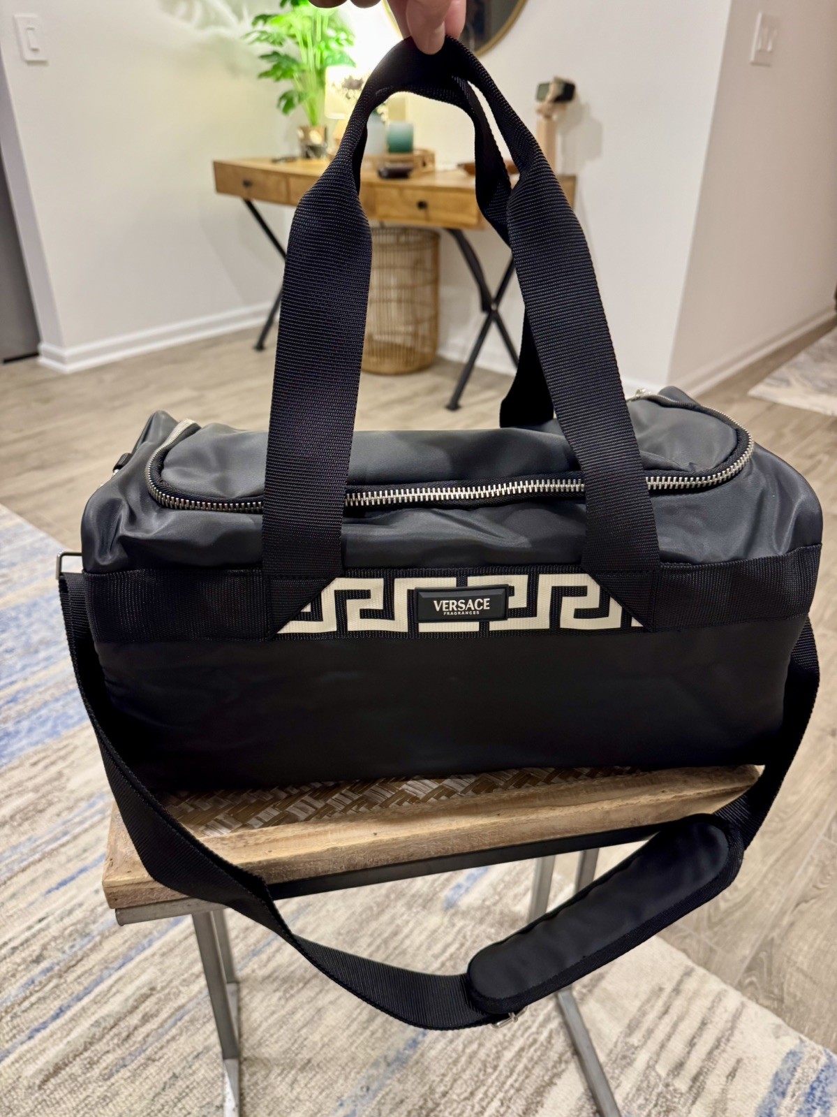 Versace Fragrances Black Duffle with Silver Tone Zipper Travel Overnight Gym Bag