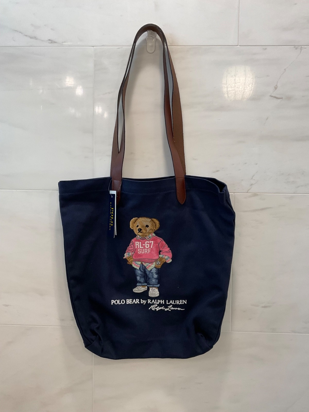 NWT Polo Ralph Lauren Navy RL-67 SURF BEAR Cotton Twill Embroidered Tote Bag