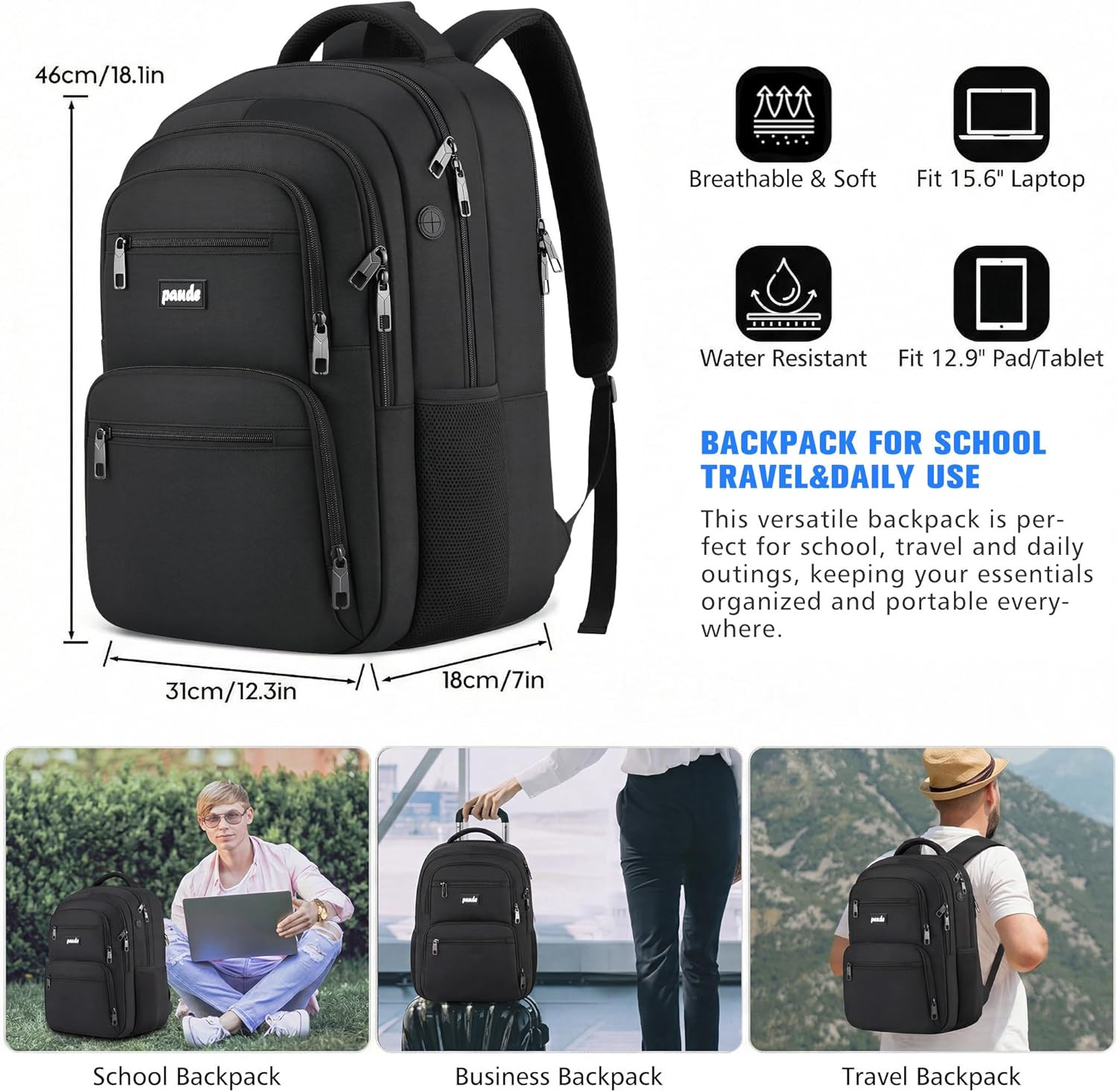 15.6” Laptop Backpack USB School College Travel Business Bag Anti Theft