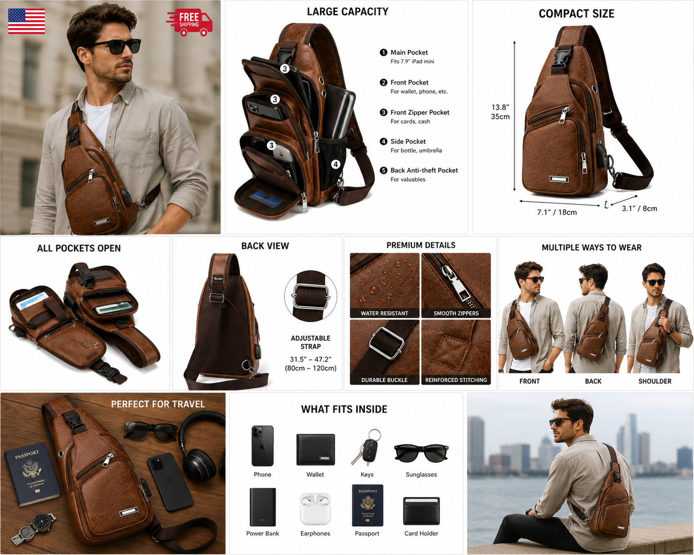 Chest Crossbody Bag Sling Backpack for Men with USB Charge Port Brown