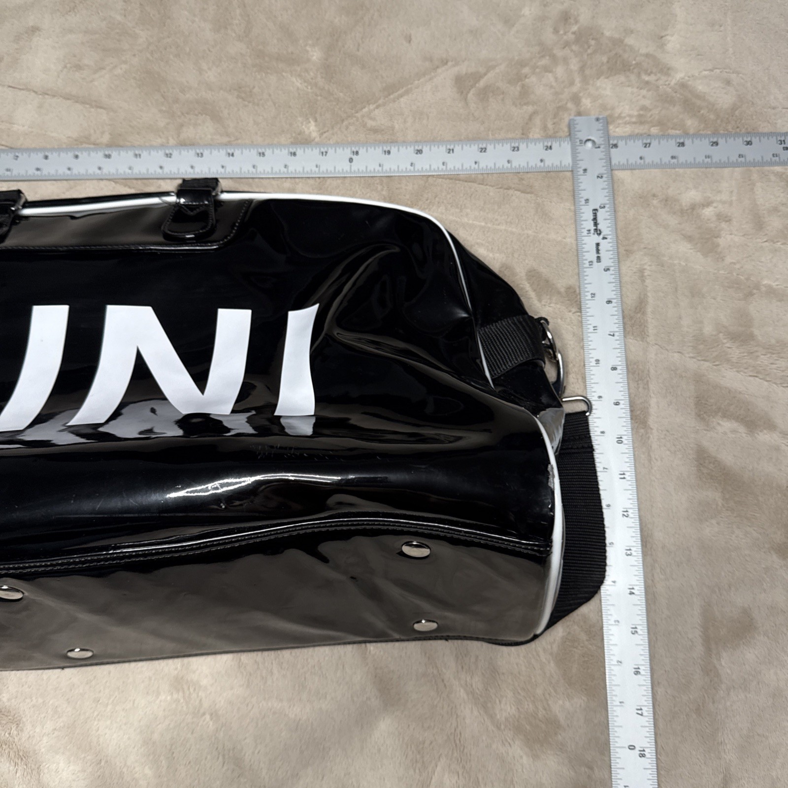 MINI Cooper Black Patent Duffel Bag Large 27” Weekender Red Lining Strap
