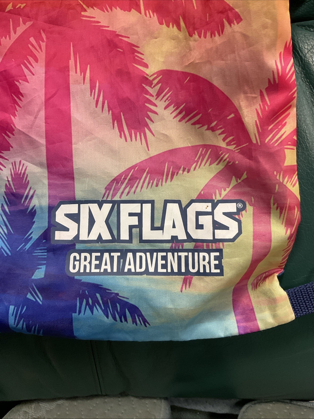 Six Flags Backpack Bag Draw String Sack Size 16 X 12” Palm Trees Great Adventure