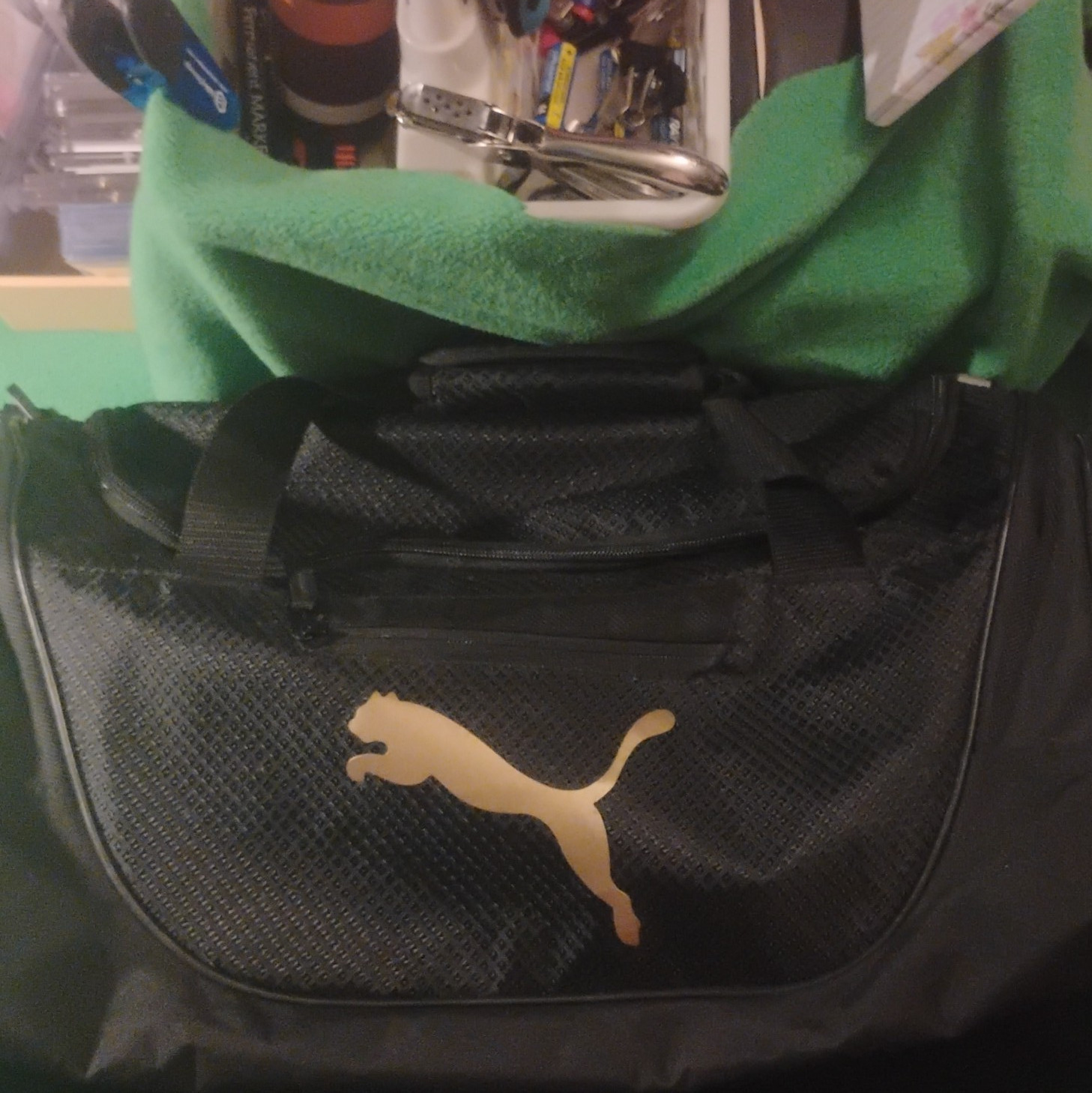 PUMA Black & Gold Logo Gym Bag Zip Closure Adjustable Straps Pockets