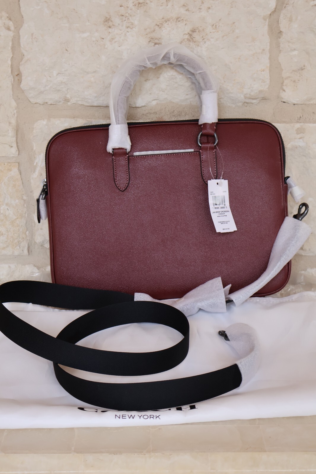NEW Coach Liam Compact Leather Briefcase Slim Unisex WINE/black nickel Dust bag
