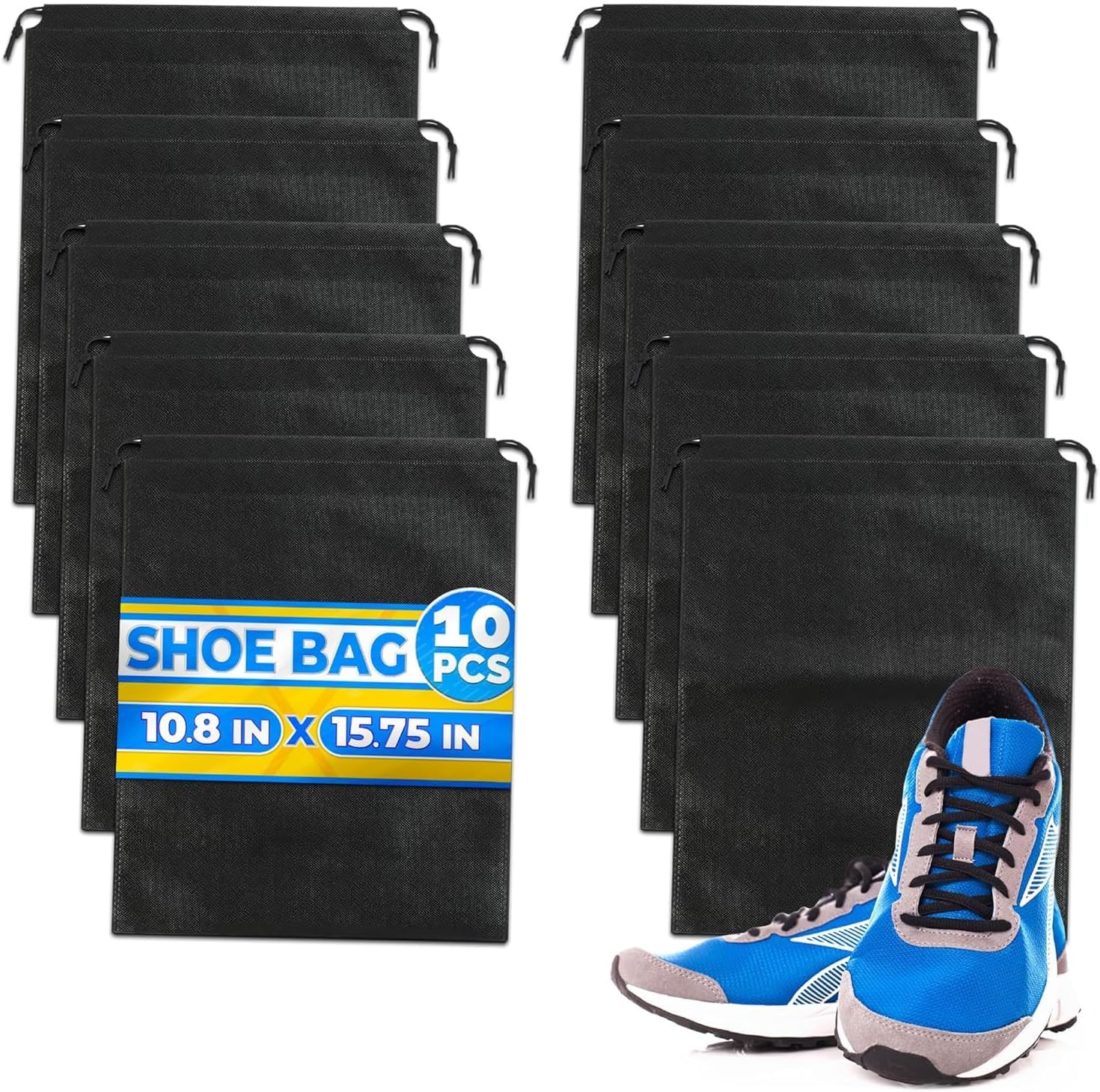 10 Pack Travel Shoe Backpack Set – Non-Mesh Solid 11.8″x15.75″ Waterproof Drawst