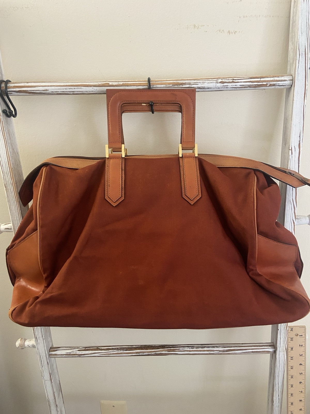 Yves Saint Laurent Vintage Canvas Red Brown Large Duffle Boston Bag, Fair Cond