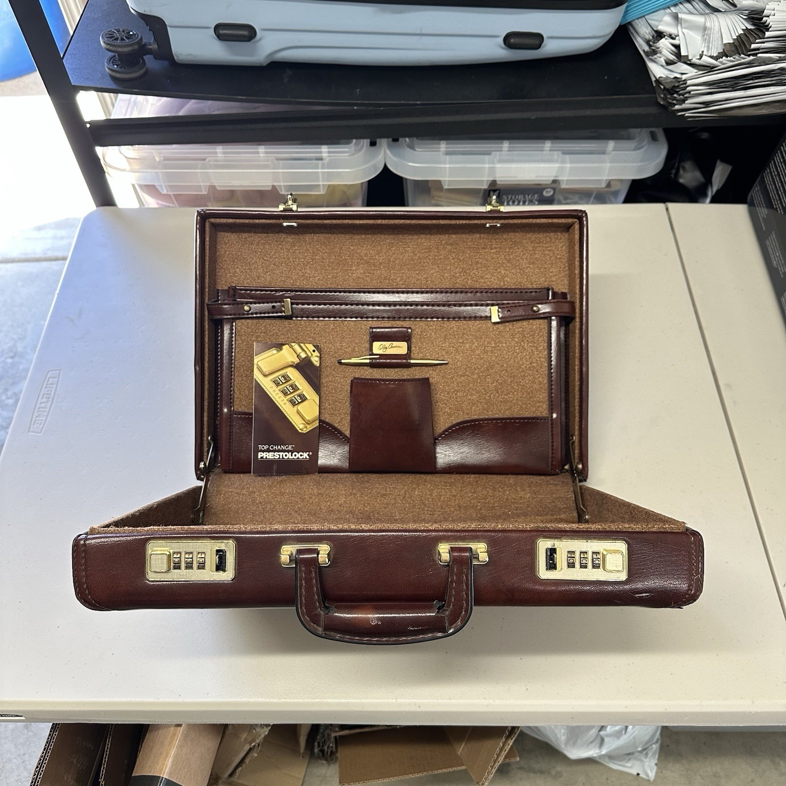 Vintage Oleg Cassini Burgundy Leather Briefcase Prestolock Locks w/ Pen Papers