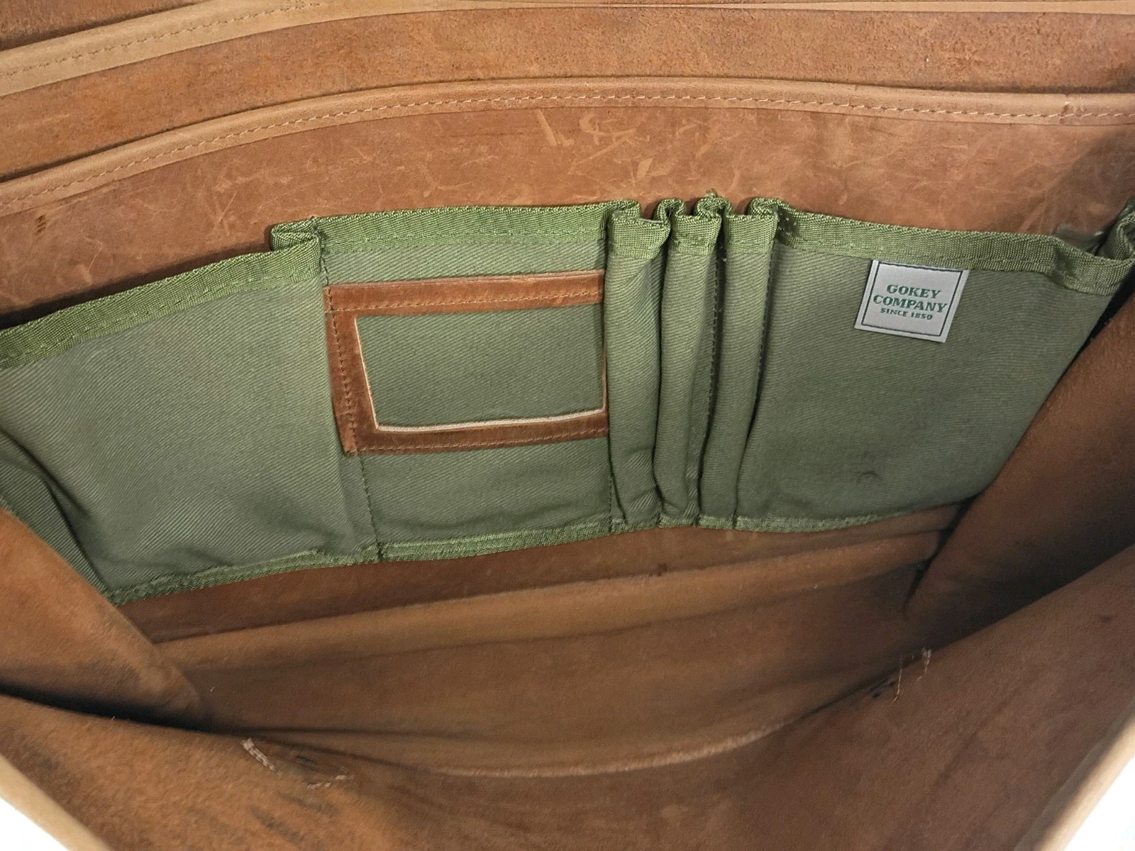 Gokey Co. Tan Heavy Saddle Leather Briefcase Green Canvas Brass Messenger Bag