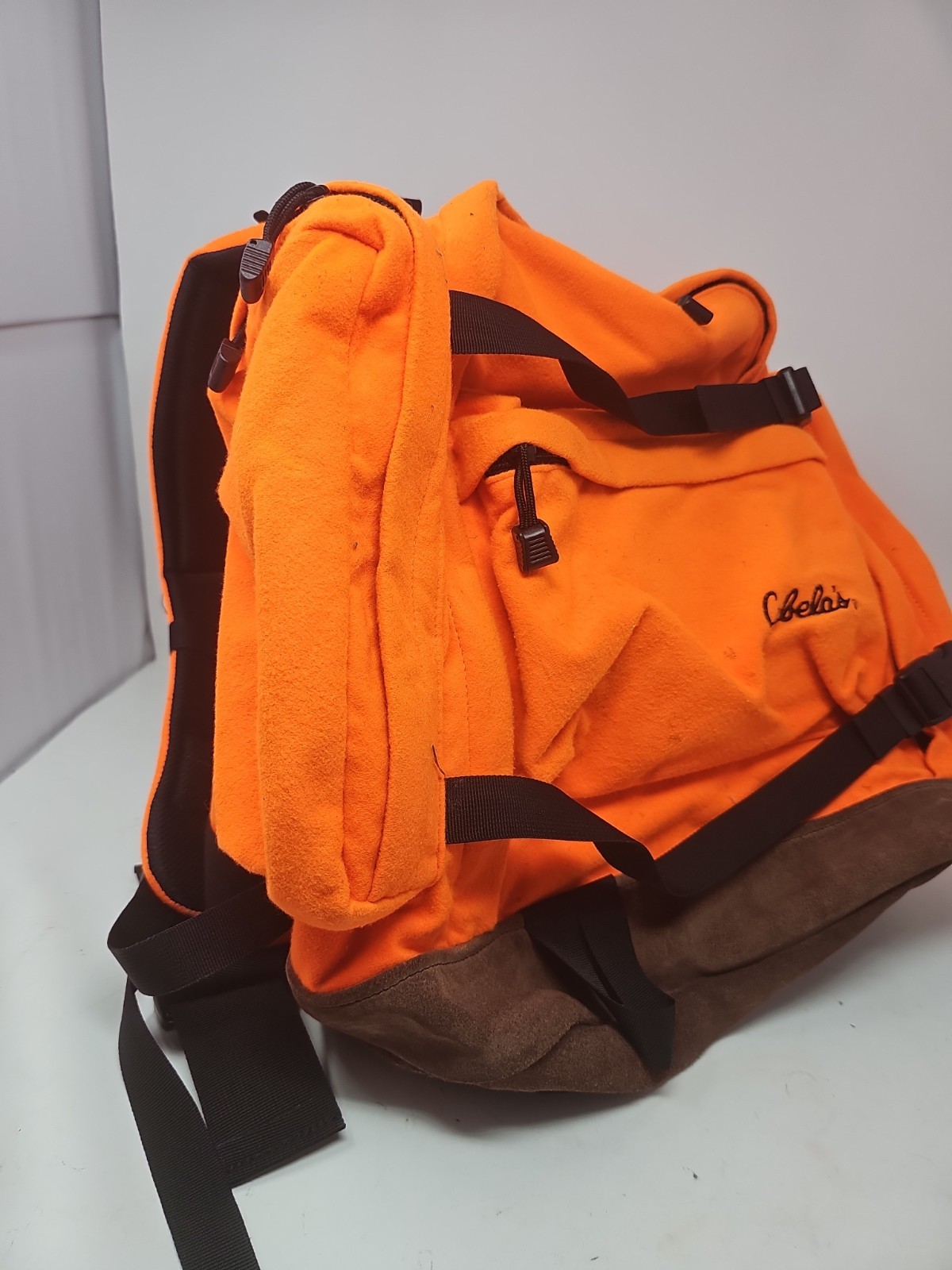 Vtg 90s Cabelas Orange Leather-Bottom Hunting Backpack Fishing Hike Bag USA Made