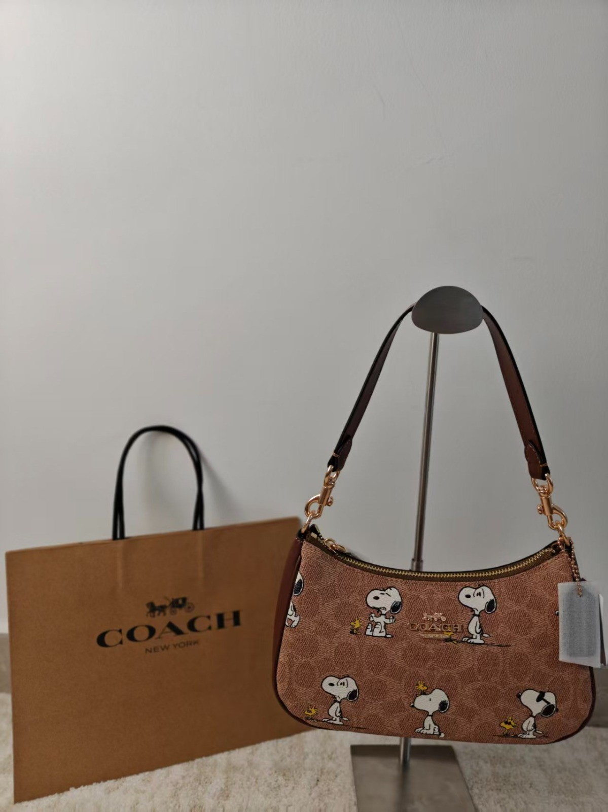 COACH x PEANUTS Teri Shoulder Bag Tan Brown Snoopy Print Signature Canvas CBJ88