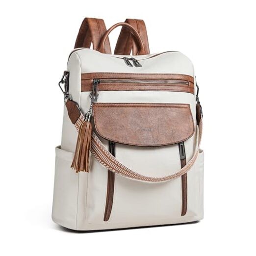 Laptop Backpack for Women 15.6 inch,Travel Leather Backpack Beige With Brown