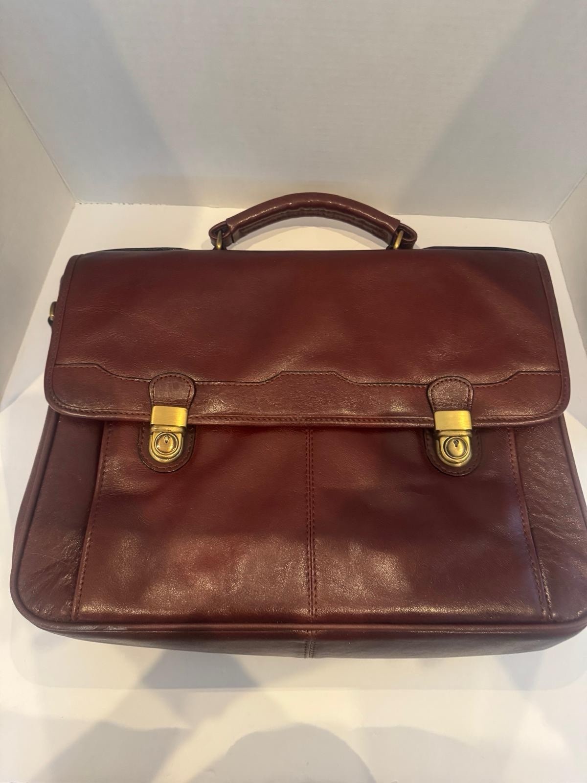 Vintage Burgundy Full‑Grain Leather Briefcase — Brass Hardware