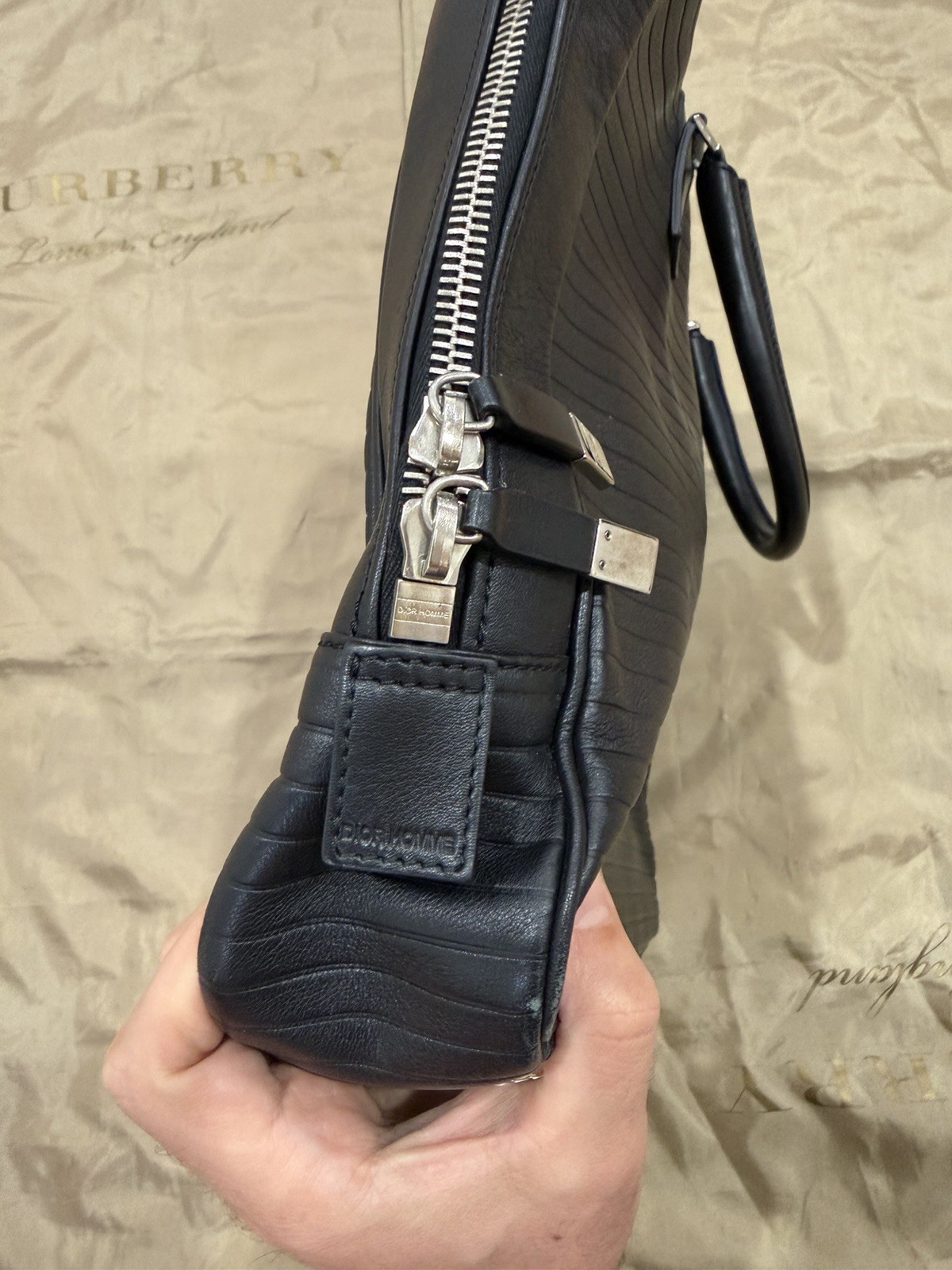 Dior Homme Pleated Black Lambskin Leather Top Handle