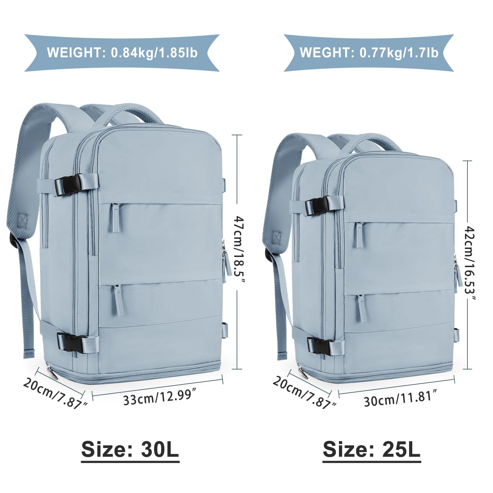 Large Travel Backpack 30L Carry On Flight Approved 15.6in Laptop Gray Blue