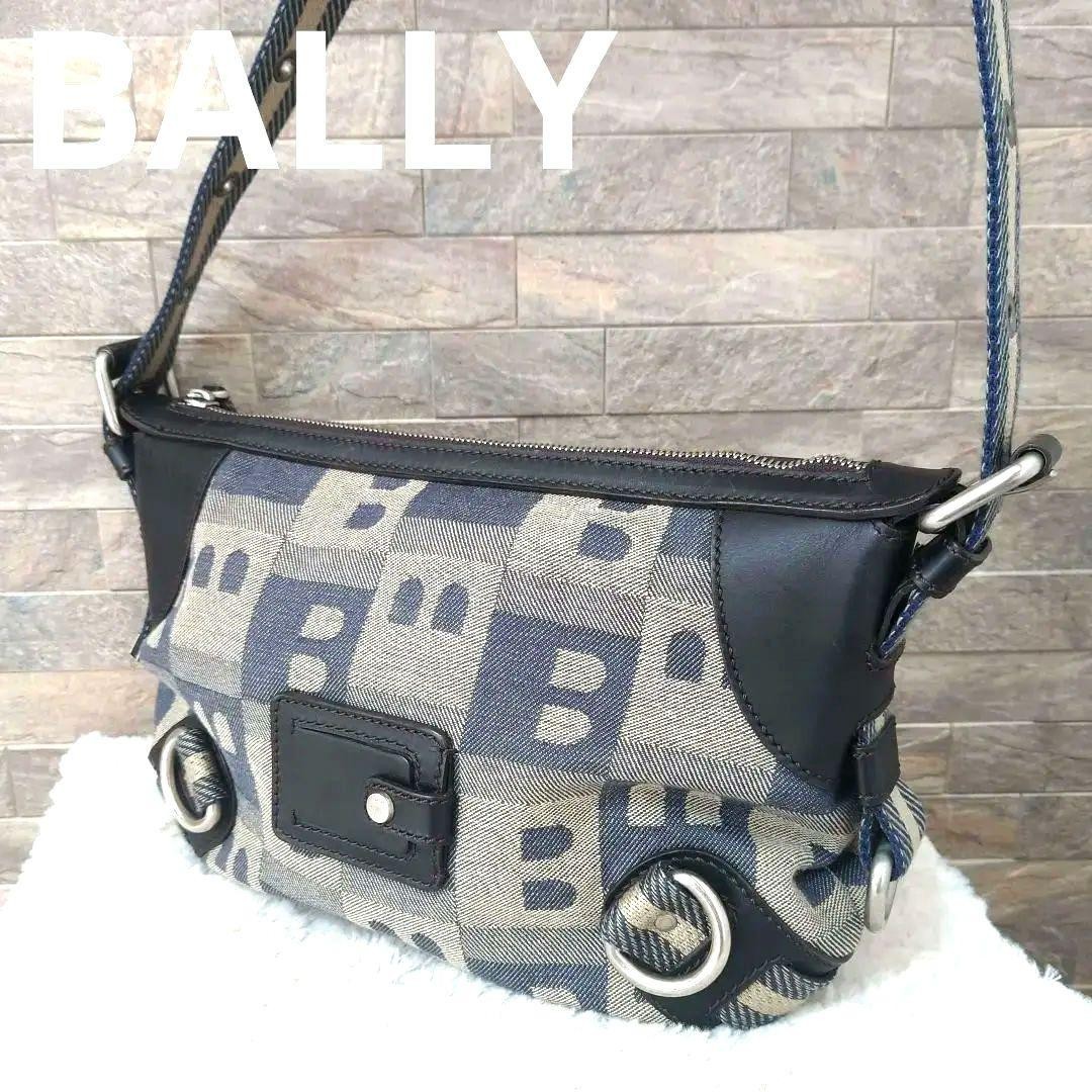 Bally Men’s Canvas Leather B All-Over Print Shoulder Bag Blue Gray 32×22.5x4cm
