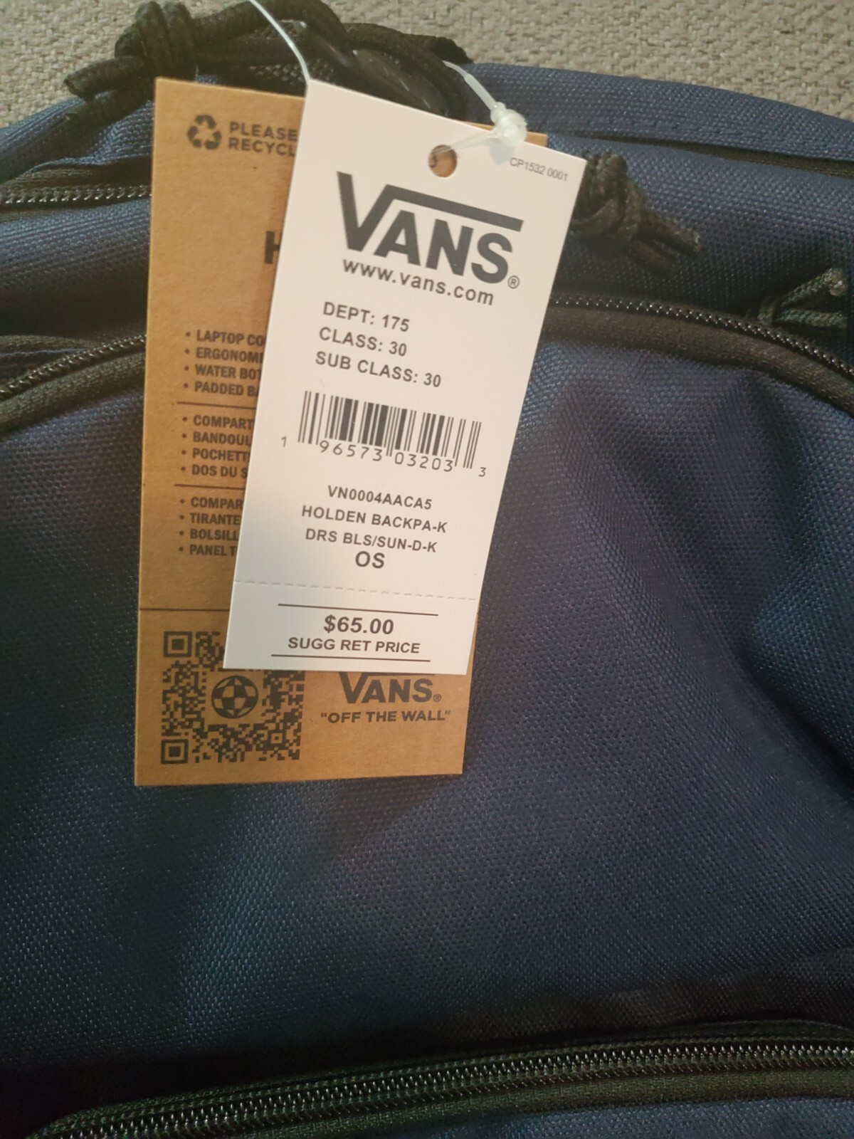 New Vans Adults Holden Adjustable Padded Backpack Rucksack Bag Blue