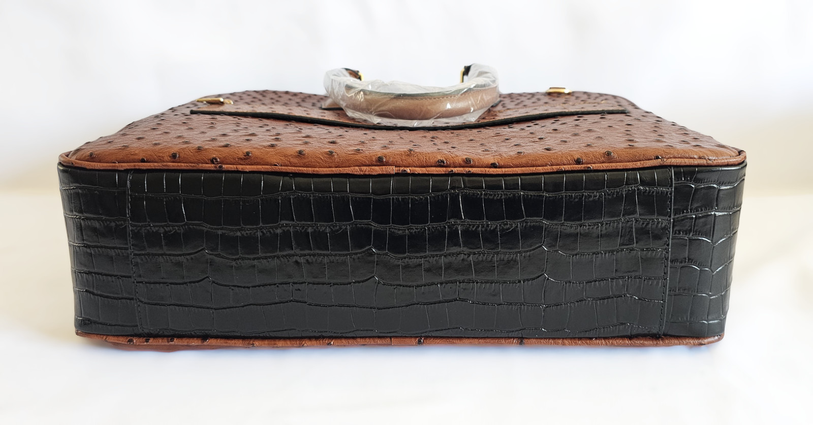 New GIROTTI Men’s Briefcase Brown Ostrich & Black Croc-Stamped Leather W/ Strap