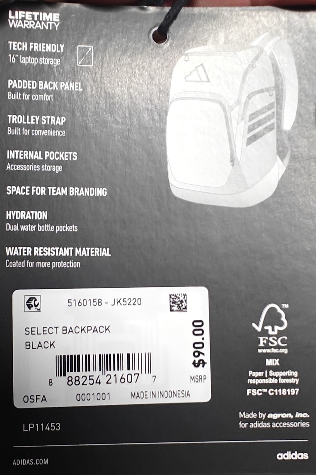 Adidas Select Black 16 Laptop Backpack Bag NEW Lifetime Warranty