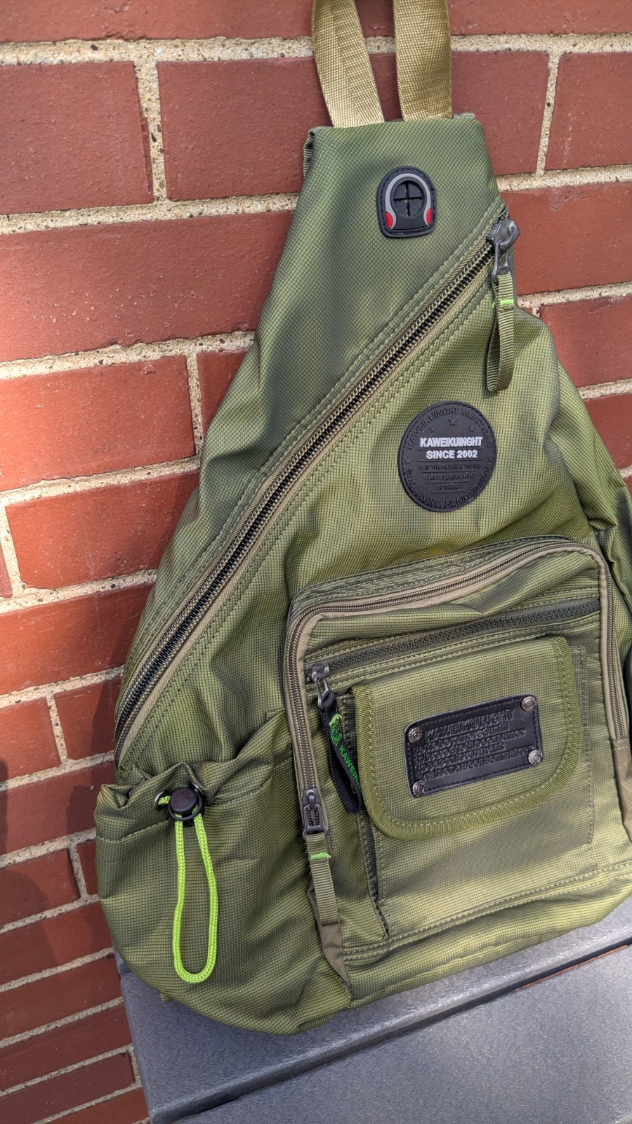 Kawei Knight Sling Pack Cross Body Travel Olive Green Multi Pocket Water Bottle
