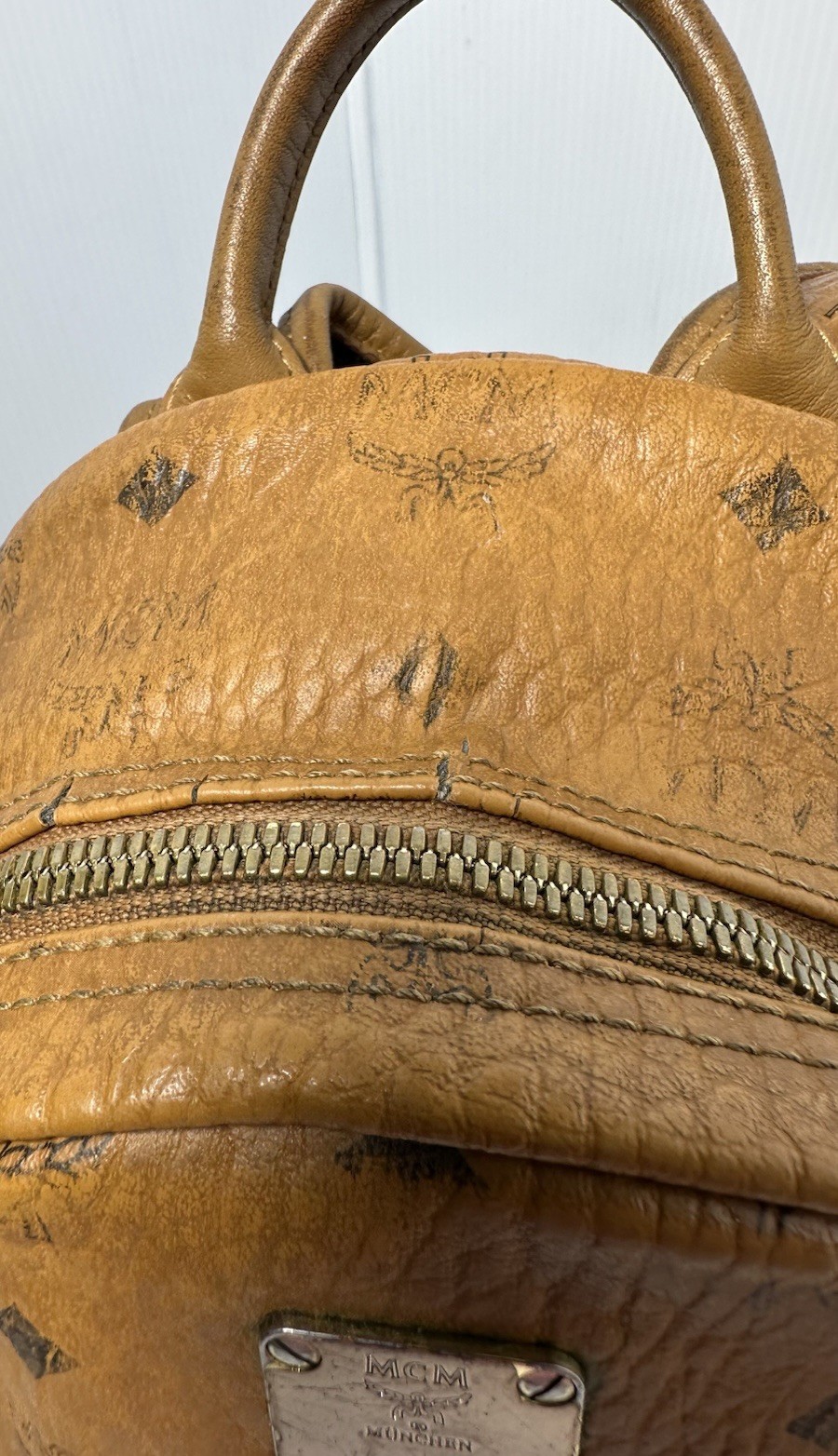 MCM Visetos Side Studs Small Backpack Camel Brown Leather Logo Studded Bag