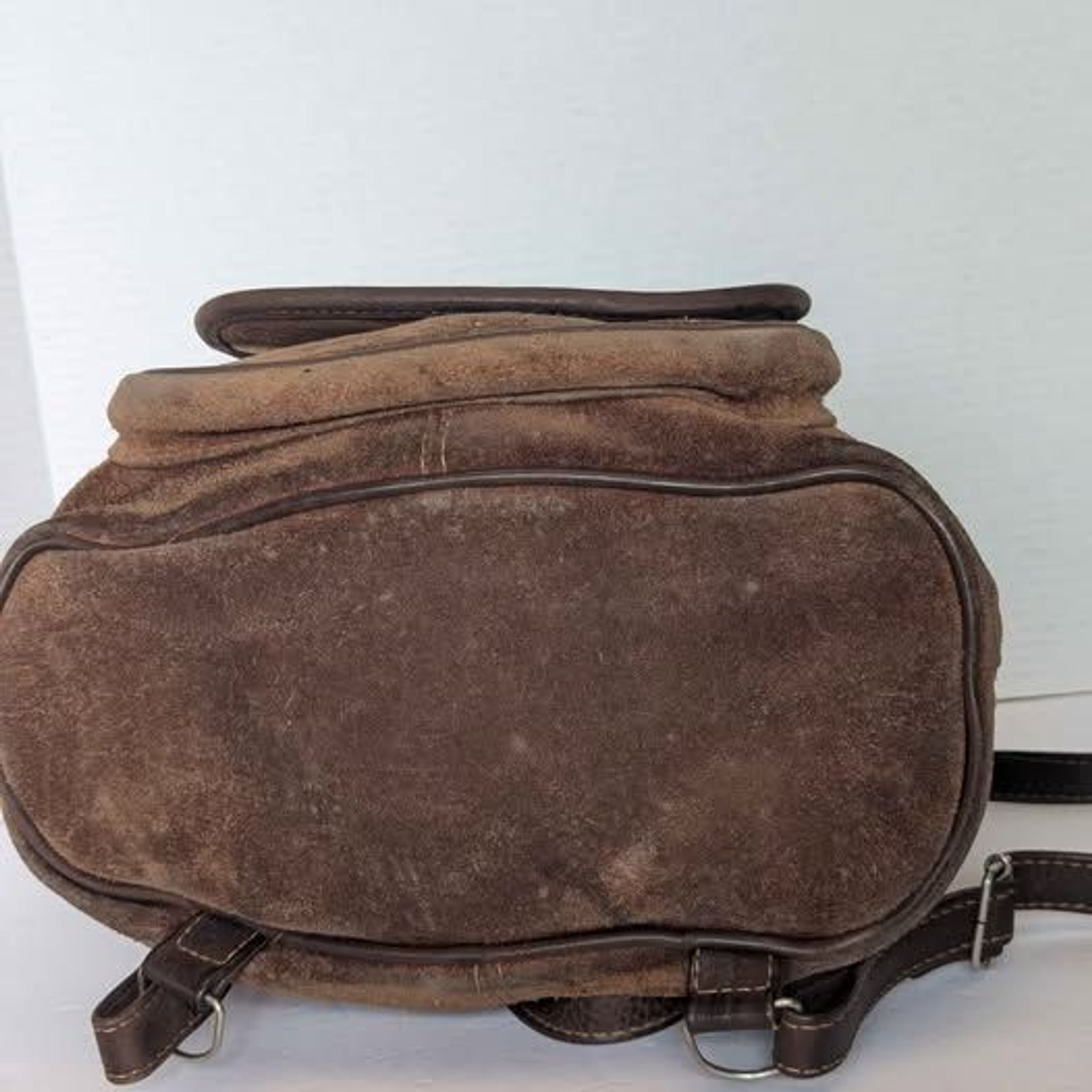 Vintage Tan Suede Leather Drawstring Backpack w Pocket 10x10x5″